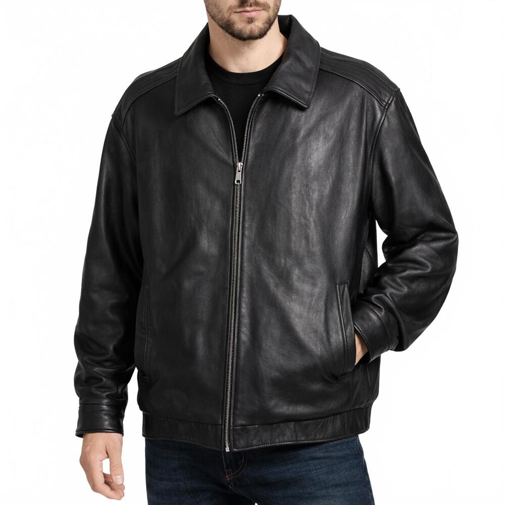 Roundtree & Yorke Men’s Black 100% Genuine Lambskin Leather Bomber Jacket - 3XT